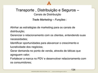 134
Transporte , Distribuição e Seguros –
Canais de Distribuição
Trade Marketing – Funções :
Alinhar as estratégias de marketing para os canais de
distribuição;
Gerenciar o relacionamento com os clientes, entendendo suas
necessidades;
Identificar oportunidades para alavancar o crescimento e
lucratividade dos negócios;
Gerar demanda no ponto de venda, através de táticas que
agreguem valor;
Fortalecer a marca no PDV e desenvolver relacionamento com
os consumidores;
 