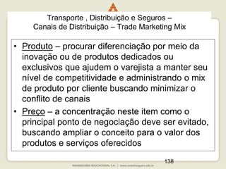 138
• Produto – procurar diferenciação por meio da
inovação ou de produtos dedicados ou
exclusivos que ajudem o varejista a manter seu
nível de competitividade e administrando o mix
de produto por cliente buscando minimizar o
conflito de canais
• Preço – a concentração neste item como o
principal ponto de negociação deve ser evitado,
buscando ampliar o conceito para o valor dos
produtos e serviços oferecidos
Transporte , Distribuição e Seguros –
Canais de Distribuição – Trade Marketing Mix
 