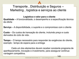 145
Transporte , Distribuição e Seguros –
Marketing , logística e serviços ao cliente
Logística e valor para o cliente
Qualidade – A funcionalidade, o desempenho e a especificação técnica
da oferta
Serviço – A disponibilidade, o suporte e o compromisso com o cliente
Custo – Os custos de transação do cliente, incluindo preço e custo
derivados do ciclo de vida .
Tempo – O tempo necessário para responder às exigências do cliente,
exemplo : tempo de espera para a entrega
Cada um dos elementos devem receber constante programa de
aperfeiçoamento, inovação e investimento, para assegurar continua
vantagem competitiva.
 