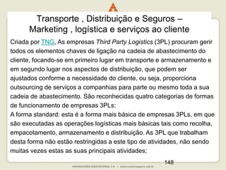 148
Transporte , Distribuição e Seguros –
Marketing , logística e serviços ao cliente
Criada por TNG, As empresas Third Party Logistics (3PL) procuram gerir
todos os elementos chaves de ligação na cadeia de abastecimento do
cliente, focando-se em primeiro lugar em transporte e armazenamento e
em segundo lugar nos aspectos de distribuição, que podem ser
ajustados conforme a necessidade do cliente, ou seja, proporciona
outsourcing de serviços a companhias para parte ou mesmo toda a sua
cadeia de abastecimento. São reconhecidas quatro categorias de formas
de funcionamento de empresas 3PLs:
A forma standard: esta é a forma mais básica de empresas 3PLs, em que
são executadas as operações logísticas mais básicas tais como recolha,
empacotamento, armazenamento e distribuição. As 3PL que trabalham
desta forma não estão restringidas a este tipo de atividades, não sendo
muitas vezes estas as suas principais atividades;
 