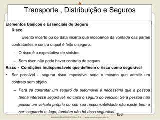 158
Transporte , Distribuição e Seguros
Elementos Básicos e Essenciais do Seguro
Risco
Evento incerto ou de data incerta que independe da vontade das partes
contratantes e contra o qual é feito o seguro.
– O risco é a expectativa de sinistro.
– Sem risco não pode haver contrato de seguro.
Risco - Condições indispensáveis que definem o risco como segurável
• Ser possível – segurar risco impossível seria o mesmo que admitir um
contrato sem objeto.
– Para se contratar um seguro de automóvel é necessário que a pessoa
tenha interesse segurável, no caso o seguro do veículo. Se a pessoa não
possui um veículo próprio ou sob sua responsabilidade não existe bem a
ser segurado e, logo, também não há risco segurável.
 