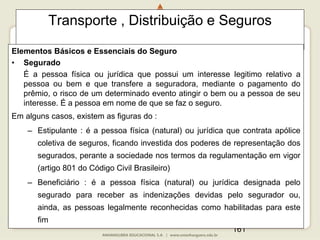 161
Transporte , Distribuição e Seguros
Elementos Básicos e Essenciais do Seguro
• Segurado
É a pessoa física ou jurídica que possui um interesse legitimo relativo a
pessoa ou bem e que transfere a seguradora, mediante o pagamento do
prêmio, o risco de um determinado evento atingir o bem ou a pessoa de seu
interesse. É a pessoa em nome de que se faz o seguro.
Em alguns casos, existem as figuras do :
– Estipulante : é a pessoa física (natural) ou jurídica que contrata apólice
coletiva de seguros, ficando investida dos poderes de representação dos
segurados, perante a sociedade nos termos da regulamentação em vigor
(artigo 801 do Código Civil Brasileiro)
– Beneficiário : é a pessoa física (natural) ou jurídica designada pelo
segurado para receber as indenizações devidas pelo segurador ou,
ainda, as pessoas legalmente reconhecidas como habilitadas para este
fim
 