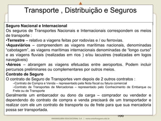 166
Transporte , Distribuição e Seguros
Seguro Nacional e Internacional
Os seguros de Transportes Nacionais e Internacionais correspondem os meios
de transporte :
•Terrestre – relativo a viagens feitas por rodovias e / ou ferrovias.
•Aquaviários – compreendem as viagens marítimas nacionais, denominadas
“cabotagem”, as viagens marítimas internacionais denominadas de “longo curso”
e as viagens fluviais (realizadas em rios ) e/ou lacustres (realizadas em logos
navegáveis)
•Aéreos – abrangem as viagens efetuadas entre aeroportos. Podem incluir
percursos preliminares ou complementares por outros meios.
Contrato de Seguro
O contrato de Seguro de Transportes vem depois de 2 outros contratos :
–Contrato de Compra e Venda – representado pela Nota fiscal ou fatura comercial
–Contrato de Transportes de Mercadorias – representado pelo Conhecimento de Embarque ou
Frete ou de Transporte
Geralmente um embarcador ou dono da carga – comprador ou vendedor e
dependendo do contrato de compra e venda precisará de um transportador e
realizar com ele um contrato de transporte ou de frete para que sua mercadoria
possa ser transportada.
 