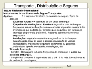 172
Transporte , Distribuição e Seguros
Seguro Nacional e Internacional
Instrumentos de um Contrato de Seguro Transportes
Apólice - É o instrumento básico do contrato de seguro. Tipos de
apólices :
a)Apólice Avulsa => cobertura de um único embarque
b)Apólice de averbação ou Aberta=> segurados com embarques
frequentes. As especificação das mercadorias seguradas constará das
averbações que poderão ser emitidas pelo segurado, em formulário
impresso ou por meio eletrônico , mediante acordo prévio com a
seguradora.
Averbação - segurado comunica a seguradora os embarques.
Data de saída, local de inicio e destino, identidade do veículo
transportador, importância segurada, coberturas ou garantias
pretendidas, tipo de mercadoria, embalagem, etc
Tipos de Averbação
• Simples : Usada para reduzida freqüência de embarque e antes do
inicio do embarque .
• Simplificada : Informa à seguradora até o dia 15 do mês subseqüente ao
da realização das viagens,
 
