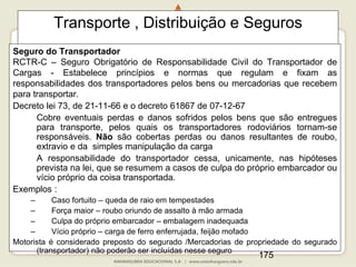 175
Transporte , Distribuição e Seguros
Seguro do Transportador
RCTR-C – Seguro Obrigatório de Responsabilidade Civil do Transportador de
Cargas - Estabelece princípios e normas que regulam e fixam as
responsabilidades dos transportadores pelos bens ou mercadorias que recebem
para transportar.
Decreto lei 73, de 21-11-66 e o decreto 61867 de 07-12-67
Cobre eventuais perdas e danos sofridos pelos bens que são entregues
para transporte, pelos quais os transportadores rodoviários tornam-se
responsáveis. Não são cobertas perdas ou danos resultantes de roubo,
extravio e da simples manipulação da carga
A responsabilidade do transportador cessa, unicamente, nas hipóteses
prevista na lei, que se resumem a casos de culpa do próprio embarcador ou
vício próprio da coisa transportada.
Exemplos :
– Caso fortuito – queda de raio em tempestades
– Força maior – roubo oriundo de assalto à mão armada
– Culpa do próprio embarcador – embalagem inadequada
– Vício próprio – carga de ferro enferrujada, feijão mofado
Motorista é considerado preposto do segurado /Mercadorias de propriedade do segurado
(transportador) não poderão ser incluídas nesse seguro
 