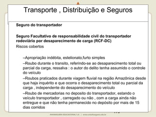 179
Transporte , Distribuição e Seguros
Seguro do transportador
Seguro Facultativo de responsabilidade civil do transportador
rodoviário por desaparecimento de carga (RCF-DC)
Riscos cobertos
–Apropriação indébita, estelionato,furto simples
–Roubo durante o transito, referindo-se ao desaparecimento total ou
parcial da carga, ressalva : o autor do delito tenha assumido o controle
do veículo
–Roubos praticados durante viagem fluvial na região Amazônica desde
que haja inquérito e que ocorra o desaparecimento total ou parcial da
carga , independente do desaparecimento do veículo
–Roubo de mercadorias no deposito do transportador, estando o
veículo transportador , carregado ou não , com a carga ainda não
entregue e que não tenha permanecido no depósito por mais de 15
dias corridos
 