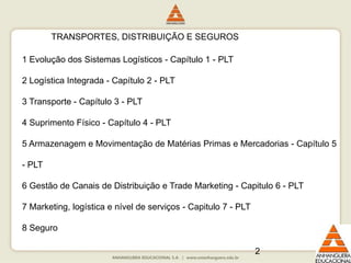 2
TRANSPORTES, DISTRIBUIÇÃO E SEGUROS
1 Evolução dos Sistemas Logísticos - Capítulo 1 - PLT
2 Logística Integrada - Capítulo 2 - PLT
3 Transporte - Capítulo 3 - PLT
4 Suprimento Físico - Capítulo 4 - PLT
5 Armazenagem e Movimentação de Matérias Primas e Mercadorias - Capítulo 5
- PLT
6 Gestão de Canais de Distribuição e Trade Marketing - Capitulo 6 - PLT
7 Marketing, logística e nível de serviços - Capitulo 7 - PLT
8 Seguro
 