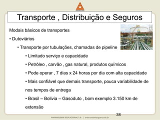 38
Transporte , Distribuição e Seguros
Modais básicos de transportes
• Dutoviários
• Transporte por tubulações, chamadas de pipeline
• Limitado serviço e capacidade
• Petróleo , carvão , gas natural, produtos químicos
• Pode operar , 7 dias x 24 horas por dia com alta capacidade
• Mais confiável que demais transporte, pouca variabilidade de
nos tempos de entrega
• Brasil – Bolivia – Gasoduto , bom exemplo 3.150 km de
extensão
 
