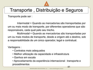 41
Transporte , Distribuição e Seguros
Transporte pode ser :
Intermodal = Quando as mercadorias são transportadas por
um ou mais modo de transporte, por diferentes operadores que são
responsáveis, cada qual pelo seu trecho.
Multimodal = Quando as mercadorias são transportadas por
um ou mais modos de transporte, desde a origem até o destino, sob
a responsabilidade de um único operador, legal e contratual.
Vantagens :
• Contratos mais adequados
• Melhor utilização da capacidade e infraestrutura
• Ganhos em escala
• Aproveitamento da experiência internacional : transporte e
procedimentos
 