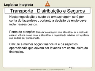 44
Transporte , Distribuição e Seguros
Nesta negociação o custo de armazenagem será por
conta do fazendeiro , portanto a decisão de envio deve
incluir esses custos.
Ponto de atenção: Calcular a cubagem para identificar se a restrição
esta no volume ou no peso, e identificar a capacidade máxima em tonelada
que poderá ser transportada.
Calcule a melhor opção financeira e os aspectos
operacionais que devem ser levados em conta além do
financeiro.
Logística Integrada
 