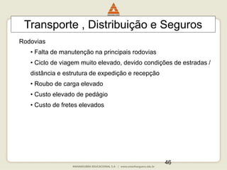46
Transporte , Distribuição e Seguros
Rodovias
• Falta de manutenção na principais rodovias
• Ciclo de viagem muito elevado, devido condições de estradas /
distância e estrutura de expedição e recepção
• Roubo de carga elevado
• Custo elevado de pedágio
• Custo de fretes elevados
 
