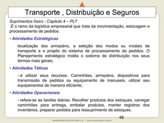 48
Transporte , Distribuição e Seguros
Suprimentos físico - Capitulo 4 – PLT
É o ramo da logística empresarial que trata da movimentação, estocagem e
processamento de pedidos.
• Atividades Estratégicas
localização dos armazéns, a seleção dos modos ou modais de
transporte e o projeto do sistema de processamento de pedidos. O
Planejemento estratégico molda o sistema de distribuição nos seus
termos mais gerais;
• Atividades Táticas
- é utilizar seus recursos. Caminhões, armazéns, dispositivos para
transmissão de pedidos ou equipamento de manuseio, utilizar seu
equipamentos de maneira eficiente;
• Atividades Operacionais
- refere-se as tarefas diárias. Recolher produtos dos estoques, carregar
caminhões para entrega, embalar produtos, manter registros dos
inventários, preparar pedidos para ressuprimento de estoques.
 