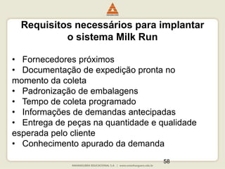 58
• Fornecedores próximos
• Documentação de expedição pronta no
momento da coleta
• Padronização de embalagens
• Tempo de coleta programado
• Informações de demandas antecipadas
• Entrega de peças na quantidade e qualidade
esperada pelo cliente
• Conhecimento apurado da demanda
Requisitos necessários para implantar
o sistema Milk Run
 