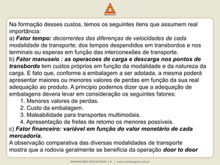 Na formação desses custos, temos os seguintes itens que assumem real
importância:
a) Fator tempo: decorrentes das diferenças de velocidades de cada
modalidade de transporte; dos tempos despendidos em transbordos e nos
terminais ou esperas em função das interconexões de transporte.
b) Fator manuseio : as operacoes de carga e descarga nos pontos de
transbordo tem custos próprios em função da modalidade e da natureza da
carga. E fato que, conforme a embalagem a ser adotada, a mesma poderá
apresentar maiores ou menores valores de perdas em função da sua real
adequação ao produto. A principio podemos dizer que a adequação de
embalagens devera levar em consideração os seguintes fatores:
1. Menores valores de perdas.
2. Custo da embalagem.
3. Maleabilidade para transportes multimodais.
4. Apresentação de fretes de retomo os menores possíveis.
c) Fator financeiro: variável em função do valor monetário de cada
mercadoria.
A observação comparativa das diversas modalidades de transporte
mostra que a rodovia geralmente se beneficia da operação door to door
 