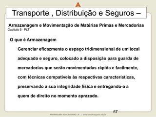 67
Transporte , Distribuição e Seguros –
Armazenagem e Movimentação de Matérias Primas e Mercadorias
Capítulo 5 - PLT
O que é Armazenagem
Gerenciar eficazmente o espaço tridimensional de um local
adequado e seguro, colocado a disposição para guarda de
mercadorias que serão movimentadas rápida e facilmente,
com técnicas compatíveis às respectivas características,
preservando a sua integridade física e entregando-a a
quem de direito no momento aprazado.
 