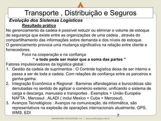 7
Resultado prático
No gerenciamento da cadeia é possível reduzir ou eliminar o volume de estoque
de segurança que existe entre as organizações de uma cadeia , através do
compartilhamento das informações sobre demanda e dos níveis de estoque.
O gerenciamento provoca uma mudança significativa na relação entre cliente e
fornecedores.
Foco na cooperação e na confiança
“ o todo pode ser maior que a soma das partes “
Fatores impulsionadores da logística global :
1. Gestão da cadeia de suprimentos : O Controle logística deixa de ser interno e
passa a ser de toda a cadeia. Com relações de confiança entre os parceiros e
ganha-ganha.
2. Integração Econômica e Regional : Barreiras alfandegárias e burocráticas são
derrubadas no sentido de agilizar o comércio exterior, unificando o sistema de
carga e descarga, manuseio e transportes . Exemplos = União Européia
NAFTA , Mercosul , ALADI ( inclui Mexico + Cuba + Mercosul).
3. Avanços Tecnológicos : Avanços na comunicação, da informática, são
representativos na explosão de operações internacionais atualmente. GPS,
WMS, EDI
Transporte , Distribuição e Seguros
Evolução dos Sistemas Logísticos
 