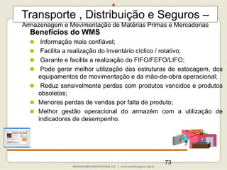 73
Benefícios do WMS
 Informação mais confiável;
 Facilita a realização do inventário cíclico / rotativo;
 Garante e facilita a realização do FIFO/FEFO/LIFO;
 Pode gerar melhor utilização das estruturas de estocagem, dos
equipamentos de movimentação e da mão-de-obra operacional;
 Reduz sensivelmente perdas com produtos vencidos e produtos
obsoletos;
 Menores perdas de vendas por falta de produto;
 Melhor gestão operacional do armazém com a utilização de
indicadores de desempenho.
Transporte , Distribuição e Seguros –
Armazenagem e Movimentação de Matérias Primas e Mercadorias
 