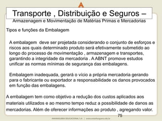 75
Transporte , Distribuição e Seguros –
Armazenagem e Movimentação de Matérias Primas e Mercadorias
Tipos e funções da Embalagem
A embalagem deve ser projetada considerando o conjunto de esforços e
riscos aos quais determinado produto será efetivamente submetido ao
longo do processo de movimentação , armazenagem e transportes,
garantindo a integridade da mercadoria . A ABNT promove estudos
unificar as normas mínimas de segurança das embalagens.
Embalagem inadequada, gerará o vício a própria mercadoria gerando
para o fabricante ou exportador a responsabilidade os danos provocados
em função das embalagens.
A embalagem tem como objetivo a redução dos custos aplicados aos
materiais utilizados e ao mesmo tempo reduz a possibilidade de danos as
mercadorias. Além de oferecer informações ao produto , agregando valor.
 
