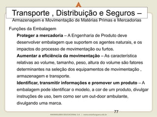 77
Transporte , Distribuição e Seguros –
Armazenagem e Movimentação de Matérias Primas e Mercadorias
Funções da Embalagem
Proteger a mercadoria – A Engenharia de Produto deve
desenvolver embalagem que suportem os agentes naturais, e os
impactos do processo de movimentação ou furtos.
Aumentar a eficiência da movimentação – As característica
relativas ao volume, tamanho, peso, altura do volume são fatores
determinantes na seleção dos equipamentos de movimentação ,
armazenagem e transporte.
Identificar, transmitir informações e promover um produto – A
embalagem pode identificar o modelo, a cor de um produto, divulgar
instruções de uso, bem como ser um out-door ambulante,
divulgando uma marca.
 