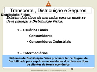 88
Transporte , Distribuição e Seguros
Existem dois tipos de mercados para os quais se
deve planejar a Distribuição Física:
1 – Usuários Finais
- Consumidores
- Consumidores Industriais
2 – Intermediários
Sistemas de Distribuição Física precisam ter certo grau de
flexibilidade para suprir as necessidades dos diversos tipos
de clientes de forma econômica.
Distribuição Física
 