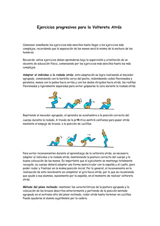 Ejercicios progresivos para la Voltereta Atrás



Comenzar enseñando los ejercicios más sencillos hasta llegar a los ejercicios más
complejos, recordando que la separación de las manos será la misma de la anchura de los
hombros

Recuerde: estos ejercicios deben aprenderse bajo la supervisión y orientación de un
docente de educación física, comenzando por los ejercicios más sencillos hasta los más
complejos.

Adaptar al individuo a la rodada atrás: esta adaptación se logra realizando el mecedor
agrupado, comenzando con la barbilla cerca del pecho, redondeando codos flexionados y
paralelos, manos con la palma hacia arriba y con los dedos dirigidos hacia atrás, las rodillas
flexionadas y ligeramente separadas para evitar golpearse la cara durante la rodada atrás.




Repitiendo el mecedor agrupado, el aprendiz se acostumbra a la posición correcta del
cuerpo durante la rodada. A través de la pr�ctica sentirá confianza para pasar atrás
mediante el empuje de brazos, a la posición de cuclillas.




Para evitar inconvenientes durante el aprendizaje de la voltereta atrás, es necesario
adaptar al individuo a la rodada atrás, manteniendo la postura correcta del cuerpo y la
buena colocación de las manos. Es importante que el ejecutante se mantenga totalmente
recogido, su cuerpo deberá adoptar una forma semicircular con la espalda y el cuello, para
poder rodar y finalizar en la misma posición inicial. Por lo general, el inconveniente en la
realización de este movimiento es completar el giro hacia atrás, por lo que se recomienda
que ayude a sus alumnos, suavemente por la espalda, en el momento de realizar voltereta
atrás

Método del plano inclinado: mantener las características de la postura agrupada y la
colocación de los brazos descritos anteriormente y partiendo de la posición sentado
agrupado en el extremo alto del plano inclinado, rodar atrás hasta terminar en cuclillas.
Puede ayudarse al alumno sujetándolo por la cadera.
 
