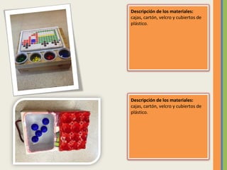 Descripción de los materiales:
cajas, cartón, velcro y cubiertos de
plástico.

Descripción de los materiales:
cajas, cartón, velcro y cubiertos de
plástico.

 