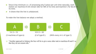  Since A has minimum i.e. of processing only 5 piece per unit time naturally, work
station (or machine) B will remain idle for 50% of its time and machine C for 66.6% of
its time.
 It shows that the line is unbalanced.
To make the line balance we adopt a method.
5 X 3 = 15 10 X 2 = 20
(3 machines of type A) (2 of type B ) (With every m/c of type C)
 “Another approach to balance the line will be to give some other task to machines B and C so
that they do not remain idle.”
21/09/2020Anwer ahmed
A B C
 