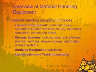 Overview of Material Handling
Equipment
• Material handling equipment includes:
– Transport Equipment: industrial trucks,
Automated Guided vehicles (AGVs), monorails,
conveyors, cranes and hoists.
– Storage Systems: bulk storage, rack systems,
shelving and bins, drawer storage, automated
storage systems.
– Unitizing Equipment: palletizers
– Identification and Tracking systems
 