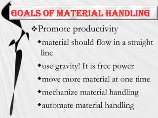 GOALS OF MATERIAL HANDLING
Promote

productivity

material should flow in a straight
line
use gravity! It is free power

move more material at one time
mechanize material handling

automate material handling

 