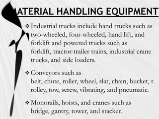 MATERIAL HANDLING EQUIPMENT
 Industrial

trucks include hand trucks such as
two-wheeled, four-wheeled, hand lift, and
forklift and powered trucks such as
forklift, tractor-trailer trains, industrial crane
trucks, and side loaders.

 Conveyors

such as
belt, chute, roller, wheel, slat, chain, bucket, t
rolley, tow, screw, vibrating, and pneumatic.

 Monorails,

hoists, and cranes such as
bridge, gantry, tower, and stacker.

 
