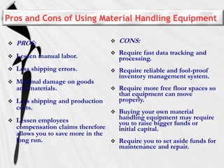 Pros and Cons of Using Material Handling Equipment


PROS:



CONS:



Lessen manual labor.



Require fast data tracking and
processing.



Less shipping errors.





Minimal damage on goods
and materials.

Require reliable and fool-proof
inventory management system.



Require more free floor spaces so
that equipment can move
properly.



Buying your own material
handling equipment may require
you to raise bigger funds or
initial capital.




Less shipping and production
costs.

Lessen employees
compensation claims therefore
allows you to save more in the
long run.
 Require you to set aside funds for
maintenance and repair.

 