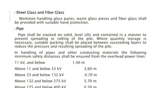 Sheet Glass and Fiber Glass
Workmen handling glass panes, waste glass pieces and fiber glass shall
be provided with suitable hand protection.
Pipe
Pipe shall be stacked on solid, level sills and contained in a manner to
prevent spreading or rolling of the pile. Where quantity storage is
necessary, suitable packing shall be placed between succeeding layers to
reduce the pressure and resulting spreading of the pile.
In handling of pipes and other conducting materials the following
minimum safety distances shall be ensured from the overhead power lines:
11 kV, and below 1.40 m
Above 11 and below 33 kV 3.60 m
Above 33 and below 132 kV 4.70 m
Above 132 and below 275 kV 5.70 m
 