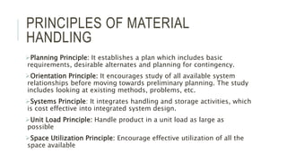 PRINCIPLES OF MATERIAL
HANDLING
Planning Principle: It establishes a plan which includes basic
requirements, desirable alternates and planning for contingency.
Orientation Principle: It encourages study of all available system
relationships before moving towards preliminary planning. The study
includes looking at existing methods, problems, etc.
Systems Principle: It integrates handling and storage activities, which
is cost effective into integrated system design.
Unit Load Principle: Handle product in a unit load as large as
possible
Space Utilization Principle: Encourage effective utilization of all the
space available
 