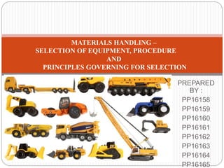 PREPARED
BY :
PP16158
PP16159
PP16160
PP16161
PP16162
PP16163
PP16164
PP16165
MATERIALS HANDLING –
SELECTION OF EQUIPMENT, PROCEDURE
AND
PRINCIPLES GOVERNING FOR SELECTION
 
