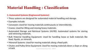 Assisant Professor Pasare Viraj I. , DYPCET
Material Handling : Classification
3. Automated Systems (Engineered Systems):
• These systems are designed for automated material handling and storage.
• Examples include:
• Conveyors: Used for moving materials continuously or intermittently.
• Cranes: Used for lifting and moving heavy materials.
• Automated Storage and Retrieval Systems (AS/RS): Automated systems for storing
and retrieving materials.
• Bulk Material Handling Equipment: Used for handling loose or bulk materials like
food, liquids, or minerals.
• Monorail Systems: Used for moving materials along a fixed path.
• Chutes and Pulley Drive Equipment: Used for moving materials down a slope or along
a track
 