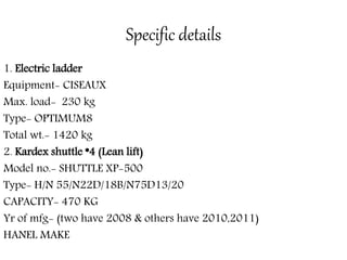 Specific details
1. Electric ladder
Equipment- CISEAUX
Max. load- 230 kg
Type- OPTIMUM8
Total wt.- 1420 kg
2. Kardex shuttle *4 (Lean lift)
Model no.- SHUTTLE XP-500
Type- H/N 55/N22D/18B/N75D13/20
CAPACITY- 470 KG
Yr of mfg- (two have 2008 & others have 2010,2011)
HANEL MAKE
 