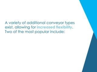 A variety of additional conveyor types
exist, allowing for increased flexibility.
Two of the most popular include:
 