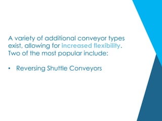 A variety of additional conveyor types
exist, allowing for increased flexibility.
Two of the most popular include:
•  Reversing Shuttle Conveyors
 
