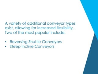 A variety of additional conveyor types
exist, allowing for increased flexibility.
Two of the most popular include:
•  Reversing Shuttle Conveyors
•  Steep Incline Conveyors
 