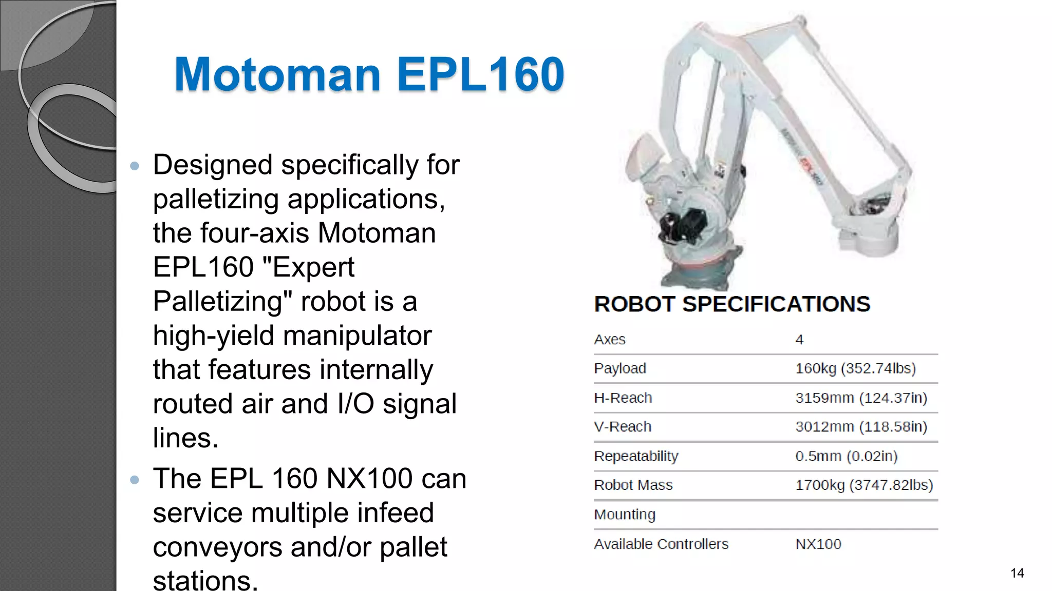 Motoman EPL160
 Designed specifically for
palletizing applications,
the four-axis Motoman
EPL160 "Expert
Palletizing" robot is a
high-yield manipulator
that features internally
routed air and I/O signal
lines.
 The EPL 160 NX100 can
service multiple infeed
conveyors and/or pallet
stations. 14
 