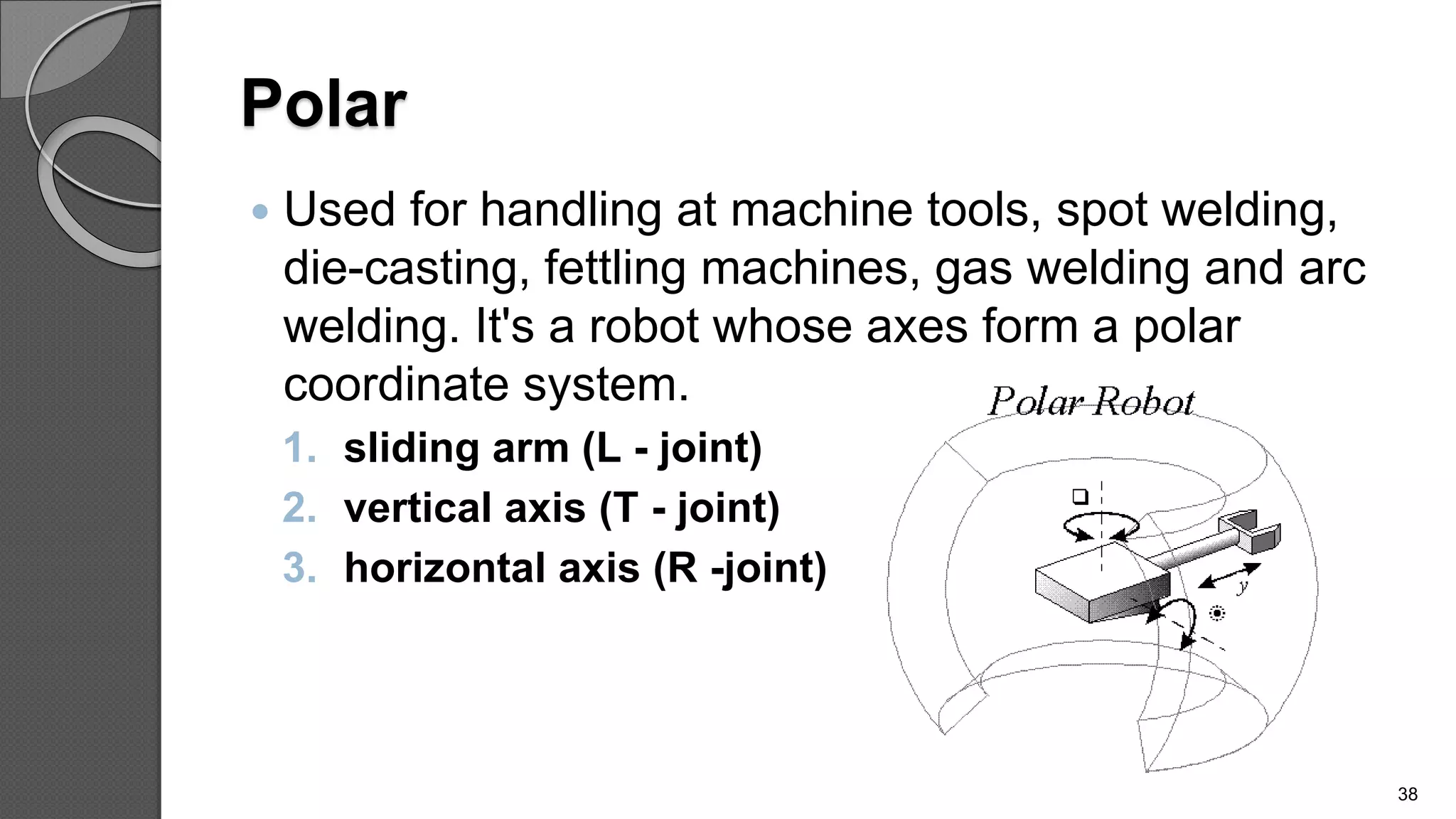 Polar
 Used for handling at machine tools, spot welding,
die-casting, fettling machines, gas welding and arc
welding. It's a robot whose axes form a polar
coordinate system.
1. sliding arm (L - joint)
2. vertical axis (T - joint)
3. horizontal axis (R -joint)
38
 