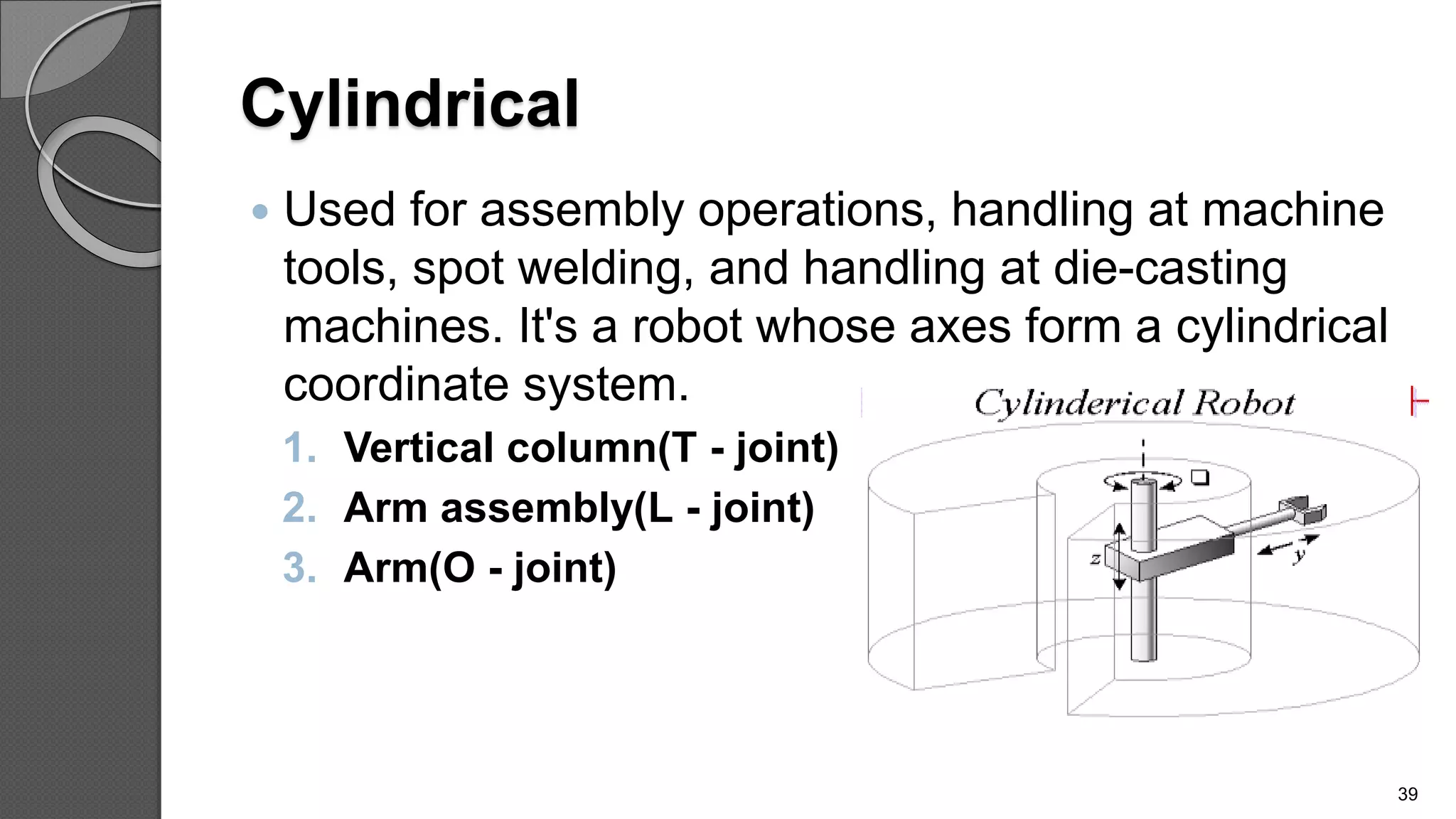Cylindrical
 Used for assembly operations, handling at machine
tools, spot welding, and handling at die-casting
machines. It's a robot whose axes form a cylindrical
coordinate system.
1. Vertical column(T - joint)
2. Arm assembly(L - joint)
3. Arm(O - joint)
39
 
