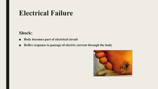 Electrical Failure
Shock:
■ Body becomes part of electrical circuit
■ Reflex response to passage of electric current through the body
 