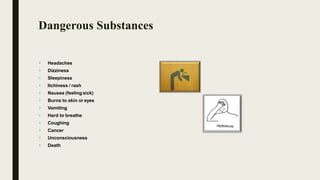 Dangerous Substances
 Headaches
 Dizziness
 Sleepiness
 Itchiness / rash
 Nausea (feeling sick)
 Burns to skin or eyes
 Vomiting
 Hard to breathe
 Coughing
 Cancer
 Unconsciousness
 Death
 