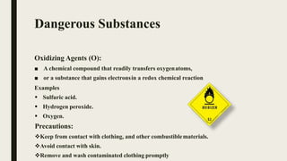 Dangerous Substances
Oxidizing Agents (O):
■ A chemical compound that readily transfers oxygenatoms,
■ or a substance that gains electronsin a redox chemical reaction
Examples
 Sulfuric acid.
 Hydrogen peroxide.
 Oxygen.
Precautions:
Keep from contact with clothing, and other combustiblematerials.
Avoid contact with skin.
Remove and wash contaminated clothing promptly
 