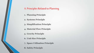 A.PrinciplesRelatedto Planning
1. Planning Principle
2. Systems Principle
3. Simplification Principle
4. Material Flow Principle
5. Gravity Principle
6. Unit Size Principle
7. Space Utilisation Principle
8. Safety Principle
 