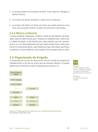•	 os arranjos podem ser compostos de flores, frutas, legumes, folhagens e
objetos diversos;
•	 os arranjos não devem atrapalhar a visão entre os comensais;
•	 os arranjos não devem ser feitos com flores que exalem perfume muito
forte, pois isso pode interferir no sabor dos alimentos e das bebidas.
2.4.6 Música ambiente
A música ambiente inadequada, estridente, através de alto-falantes mal locali-
zados, pode ser determinante para o fracasso do estabelecimento. Deve-se ter
o cuidado de regular os alto-falantes para cada ambiente, pois, do contrário,
ter-se-á um som demasiadamente alto para determinados locais e baixo para
outros. Em restaurantes típicos, nada impede que haja música típica, que reforça
o ambiente. A música ambiente, como o próprio nome já sugere, deve ser suave.
2.5 Organização da brigada
A composição da brigada do restaurante é feita em função da categoria do
estabelecimento e do tipo de serviço que ele pretende oferecer. A brigada
poderá estar constituída conforme organograma da Figura 2.2.
“Maître” Executivo
Gerente de Alimentos
e Bebidas
“Maître” D’Hotel
Chefe de Fila
Garçom
Commis
Aprendizes
Garçom
“Sommelier”
Commis
Aprendizes
Figura 2.2: Organograma funcional para um restaurante de grande porte
Fonte:Adaptado de Castelli (2004, p. 294)
Brigada
O termo “brigada do restau-
rante” é utilizado para designar
o conjunto de pessoas que
prestam serviços no restaurante
Commis
É ajudante ou auxiliar de
garçom.
e-Tec Brasil
Aula 2 – Restaurante e serviços 29
 