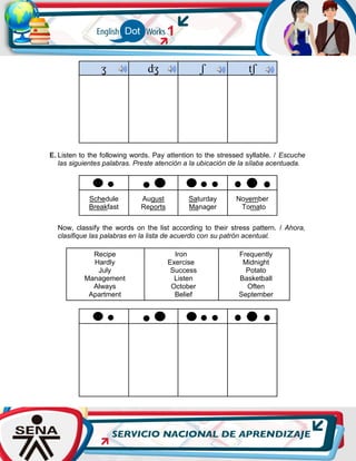ʒ dʒ ʃ tʃ
E. Listen to the following words. Pay attention to the stressed syllable. / Escuche
las siguientes palabras. Preste atención a la ubicación de la sílaba acentuada.
Schedule
Breakfast
August
Reports
Saturday
Manager
November
Tomato
Now, classify the words on the list according to their stress pattern. / Ahora,
clasifique las palabras en la lista de acuerdo con su patrón acentual.
Recipe
Hardly
July
Management
Always
Apartment
Iron
Exercise
Success
Listen
October
Belief
Frequently
Midnight
Potato
Basketball
Often
September
 