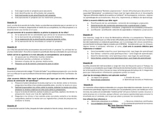 14
a. Está organizando el proyecto para ejecutarlo.
b. Está identificando las dificultades del proyecto.
c. Está realizando la pre-planificación del proyecto.
d. Está ejecutando el proyecto con los materiales previstos.
Situación 15
José, unniño de la sección de 4 años, llevóa suaula diversos productos que se venden en la
tienda pero en miniatura, despertando el interés de sus compañeros;los niños proponen a la
docente tener una tienda en el aula.
¿En qué momento de la secuencia didáctica se prioriza la propuesta de los niños?
a. En la ejecución de las actividades que utiliza en la secuencia didáctica.
b. En la realización de actividades de la situación didáctica.
c. En la negociación de la planificación conjunta docente -niños.
d. En la evaluación de los resultados al cumplir el proyecto.
Situación 16
Los niños del aula de 4 años se encuentran desarrollando el proyecto “La utilidad de las
plantas medicinales”. Para ellola maestra ha planificado diversas actividades de aprendizaje
Señale cuál de las siguientes es la más adecuada, en correspondencia con el proyecto:
a. Un paseo por las diferentes huertas aledañas.
b. Recolectan plantas y elaboran un herbario.
c. Colorean siluetas de las plantas medicinales.
d. Preparan un té de toronjil y manzanilla para el dolor.
Situación 17
Durante el aniversariodel colegio “El Valor del Saber” las profesorasprepararán una vianda
con sus niños por lo que la profesora Silvia del tercer grado trabajará el tema “Las Recetas de
Cocina”.
¿Qué secuencia didáctica debe seguir la profesora para lograr que sus niños desarrollen un
proceso de construcción del aprendizaje?
a. Preparar el platoindicadopor la receta, explicar a los demás cómo lo hicieron,
preguntar a los niños si hancomidoeseplatillo antes, escribir la receta en casa.
b. Explorar loque saben los niños sobre la receta, redactar la receta con ellos,
preparar la receta y explicar en otra aula cómo la prepararon.
c. Copiar la receta de internet, analizar el platoylo que lleva, explicar a los demás la
preparación, hacer una lista de ingredientes.
d. Preguntar a los chicos si han comido antes ese plato, contarlo a los demás
compañeros, analizar la receta con sus ingredientes y modo de preparación,
elaborar la receta.
Situación 18
La maestra del aula de 5 años, después de haber aplicadola lista de cotejo, detectó que sus
niños, enla competencia“Número y operaciones”, tienen dificultad para desarrollar la
capacidad“Matematiza”. Lo evidencia el bajo nivel de logro obtenido en el desempeño
“Agrupandiferentes objetos de acuerdoa un atributo”. Se ha propuesto, entonces, mejorar
los aprendizajes de sus estudiantes. Para ello, implementa un Módulo de Aprendizaje.
Señale la secuencia didáctica que debe seguir:
a. Planificación de las actividades- selección de estrategias y ejecución.
b. Determinación del contenido-prerrequisitos y aprendizaje a lograr.
c. Selección de capacidadese indicadores- programación de actividadesyevaluación.
d. Justificación – planificación- selección de capacidades e indicadores y evaluación.
Situación 19
Una maestra, luego de la clase de Matemática referida a la competencia “Número y
operaciones”, detectóque sus niños tenían dificultades para identificar el color azul. Entonces
decidió implementar un módulode aprendizaje, con la estrategia del círculo concéntrico,
aprovechandolos bloques lógicos enviados por el MINEDU. Considerando que los bloques
lógicos tienen 4 atributos referidos al color, ¿Cuál sería la secuencia didáctica para
implementar el módulo?
a. Color (contenido)- amarillo y azul (prerrequisito)- rojo (logro de aprendizaje)
b. Azul (tema) – amarillo y rojo (prerrequisitos) – color (logro de aprendizaje).
c. Amarillo (Contenido)- color (prerrequisitos)- rojo (logro de aprendizaje)
d. Color (tema)- amarillo y rojo (prerrequisitos)- azul (logro de aprendizaje)
Situación 20
Josefina, docente del nivel secundario a cargo del área de Educación para el Trabajo, ha
solicitado a sus estudiantes que traigan informaciónde distintasfuentes sobre el fenómeno
de la Corrupción enel Perú. Una vez en clase, se formangrupos de trabajo de 5 integrantes
para que intercambien información y preparen juntos un mural.
¿Qué tipo de estrategia didáctica está aplicando Josefina?
a. La exposición grupal c. Estudio de casos
b. Aprendizaje colaborativo d. Aprendizaje basado en Problemas
Situación 21
Los maestros utilizanobjetos elaborados con una gran diversidad de materiales durante sus
sesionesde aprendizaje; algunos sontraídos por sus estudiantes yotros son traídos por ellos
mismos, los cualessonconsiderados “materia prima” útil para elaborar nuevos recursos o
como recursos en sí mismos, porque ofrecen una buena oportunidad para vincular lo
enseñado con el contexto, con lo que ya saben y conocen los estudiantes.
Esta reflexión hace referencia a:
a. Materiales educativos no confiables c. Recursos didácticos certificados
b. Uso pedagógico delentorno d. Discriminaciónpositiva de los recursos
Mg. Isela Guerrero Pacheco
FACILITADORA
 