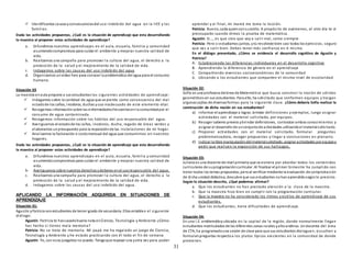 31
 Identificamos causasyconsecuenciasdel uso indebido del agua en la IIEE y las
familias.
Dada las actividades propuestas, ¿Cuál es la situación de aprendizaje que esta desarrollando
la maestra al proponer estas actividades de aprendizaje?
a. Difundimos nuestros aprendizajes en el aula, escuela, familia y comunidad
asumiendocompromisos para cuidar el ambiente y mejorar nuestra calidad de
vida.
b. Realizamos una campaña para promover la cultura del agua, el derecho a la
protección de la salud y el mejoramiento de la calidad de vida.
c. Indagamos sobre las causas del uso indebido del agua
d. Organizamos unvideo foro para conocer la problemática del agua para el consumo
humano.
Situación 03
La maestra enaula propone a sus estudiantes las siguientes actividades de aprendizaje:
 Indagamos sobre la cantidad de agua que se pierde como consecuencia del mal
estadode los caños, inodoros, duchas yuso inadecuado de este elemento vital.
 Recogemos informaciónsobre las enfermedadesfrecuentesenla comunidadpor el
consumo de agua contaminada.
 Recogemos información sobre los hábitos del uso responsable del agua.
 Averiguamos el estadode los caños, inodoros, ducha, regado de áreas verdes y
elaboramos unpresupuesto para la reparaciónde las instalaciones de mi hogar.
 Analizamos la facturación o costomensual del agua que consumimos en nuestros
hogares.
Dada las actividades propuestas, ¿Cuál es la situación de aprendizaje que esta desarrollando
la maestra al proponer estas actividades de aprendizaje?
a. Difundimos nuestros aprendizajes en el aula, escuela, familia y comunidad
asumiendocompromisos para cuidar el ambiente y mejorar nuestra calidad de
vida.
b. Averiguamos sobre nuestros derechos ydeberes enel usoresponsable del agua.
c. Realizamos una campaña para promover la cultura del agua, el derecho a la
protección de la salud y el mejoramiento de la calidad de vida.
d. Indagamos sobre las causas del uso indebido del agua .
APLICANDO LA INFORMACIÓN ADQUIRIDA EN SITUACIONES DE
APRENDIZAJE
Situación 01:
Agustín yPatricia sonestudiantes de tercer grado de secundaria. Ellos entablan el siguiente
diálogo:
Agustín: Patricia te hassacadobuena nota enCiencia, Tecnología y Ambiente ¿Cómo
has hecho si tienes mala memoria?
Patricia: No se trata de memoria. Mi papá me ha regalado un juego de Ciencia,
Tecnología y Ambiente y he estado practicando con él todo el fin de semana
Agustín: Yo, con esos jueguitos no puedo. Tengoque repasar una yotra vez para poder
aprender y al final, mi mamá me toma la lección.
Patricia: Bueno, cada quienconsuestilo. A propósito de exámenes, el otro día te vi
preocupado cuando dimos la prueba de matemática.
Agustín: Si…, es que creo que voy a salir mal, como siempre.
Patricia: Pero si estudiamos juntos, ytú resolviste bien casi todos los ejercicios, seguro
que vas a salir bien. Debes tener más confianza en ti mismo.
En el diálogo presentado, ¿Cómo se evidencia el desarrollo cognitivo de Agustín y
Patricia?
A. Estableciendo las diferencias individuales en el desarrollo cognitivo
B. Aprendiendo la diferencia de género en el aprendizaje
C. Compartiendo vivencias socioeconómicas de la comunidad
D. Ubicando a los estudiantes que comparten el mismo nivel de escolaridad
Situación 02:
Sofía es una profesora delárea de Matemática que busca construir la noción de sólidos
geométricos en sus estudiantes. Para ello, ha solicitado que conformen equipos y traigan
algunascajitas de diversasformas para la siguiente clase. ¿Cómo debería Sofía realizar la
construcción de dicha noción en sus estudiantes?
a) Informar el aprendizaje a lograr, brindar definiciones y ejemplos, luego asignar
actividades con el material solicitado, por equipos.
b) Recoger saberes previos ybrindar definiciones, contrastar ambos conocimientos y
asignar el desarrollo de unconjuntode actividades utilizandoel materialsolicitado.
c) Proponer actividades con el material solicitado, formular preguntas
problematizadora, recoger propuestas y llegar a conclusiones en plenario.
d) Indicar la libre manipulacióndel materialsolicitado, asignar actividades por equipoy
pedir que realicen la exposición de sus hallazgos.
Situación 03:
Juliana es una docente de nivel primaria que se esmera por abordar todos los contenidos
curriculares de suprogramacióncurricular. Al finalizar el primer bimestre ha cumplido con
tratar todos los temas propuestos;peroal verificar mediante la evaluación de comprobación
de dicha unidad didáctica, descubre que sus estudiantes nohanaprendidosegúnlo previsto.
Según la situación descrita, ¿Qué podemos afirmar?
a. Que los estudiantes no han prestado atención a la clase de la maestra.
b. Que la maestra hizo bien en cumplir con la programación curricular.
c. Que la maestra no ha considerado los ritmos y estilos de aprendizaje de sus
estudiantes.
d. Que los estudiantes, tiene dificultades de aprendizaje.
Situación 04:
En una I.E. emblemática ubicada en la capital de la región, donde normalmente llegan
estudiantes matriculados de las diferentes zonas rurales yaltoandinos. Undocente del área
de CTA, ha programadouna sesión de clase para que sus estudiantes dialoguen, escuchen y
formulenpreguntas respectoa los platos típicos existentes en la comunidad de donde
provienen.
 